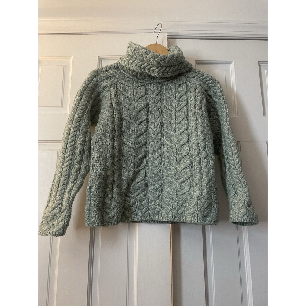 Aran Sweater Market Women Small Green 100% Merino Wool Cowl Neck Cable Knit